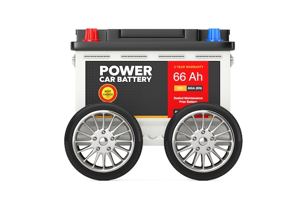 Accumulatore di batteria per auto ricaricabile 12v con etichetta astratta con ruote su sfondo bianco. rendering 3d