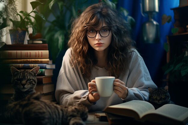 一杯のコーヒーを飲んで充電する 集中した勉強の後の女の子的なインターリューム