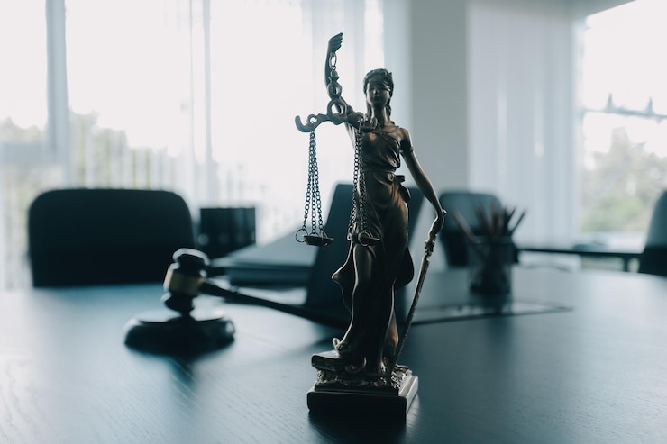 Foto rechter gavel met advocaten van justitie die een teamvergadering hebben bij een advocatenkantoor concepten van recht en juridische diensten