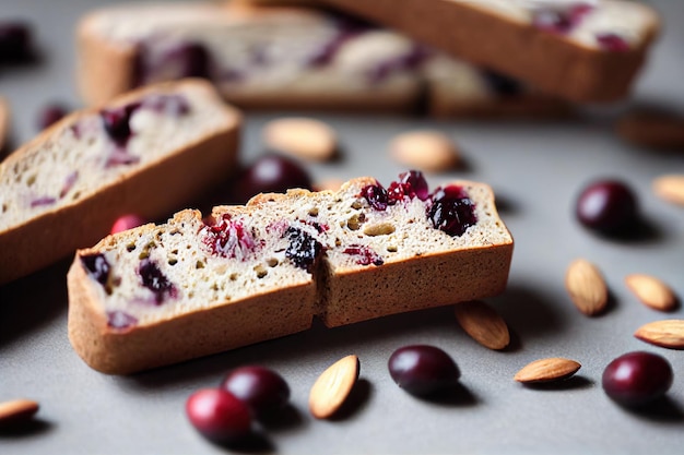 Rechthoekige cranberry biscotti gebakken met bessen en versierd met amandelen