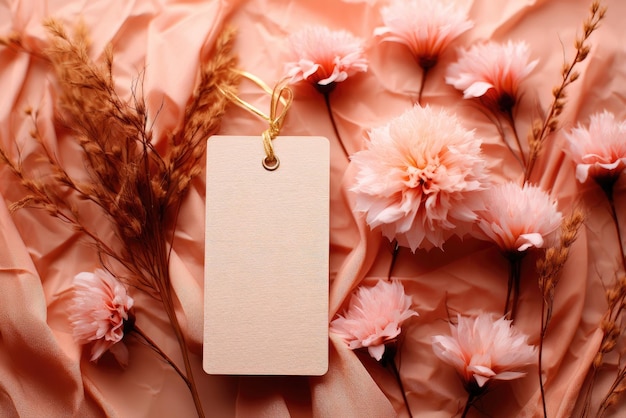 Foto rechthoekige lege papieren kaart label label mock-up met bloemen op roze achtergrond