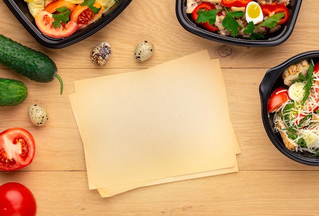 Photo recipe of healthy lunch. plastic boxes with ready dishes, fresh vegetables, quail eggs and paper for notices on the wooden table , top view, mockup