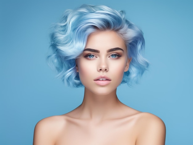 reclame huidverzorging mooie vrouw model levendig blauw haar in de stijl van schoonheid