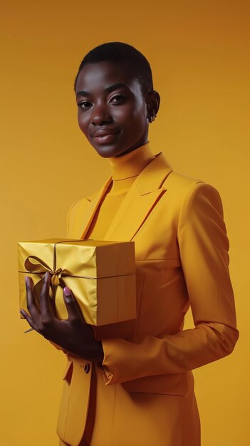 reclameportret in front view Afrikaanse vrouw met een grote cadeau doos glimlachend mode pak