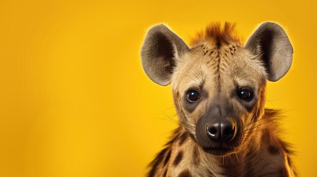 Foto reclameportretbanner volwassen angstaanjagende hyena ziet er recht uit geïsoleerd op gele achtergrond