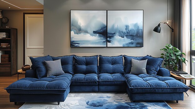 Photo recliner chair and dark blue sofa in a scandinavian apartment generative ai