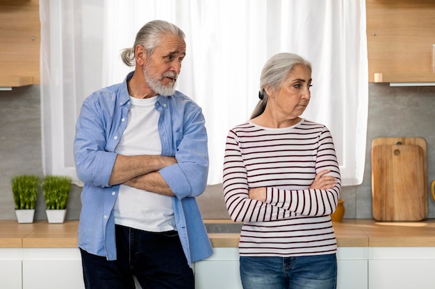 Reconciliation Concept Loving Elderly Man Talking To His Offended Wife In Kitchen