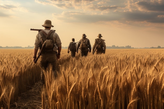 Reconstructie van de Grote Patriottische Oorlog Sovjet-soldaten in het veld Een ranger team dat door een tarweveld loopt AI gegenereerd