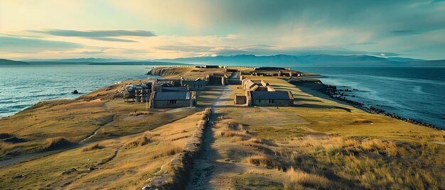 Reconstructies van kolonisten39 Het leven in het Bulnes Fort in Punta Arenas Chili Concept De geschiedenis van de nederzetting Bulnes Fort Punta Arenas Chile Culturele reconstructie