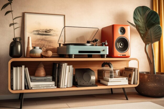 Record player on bookshelf with modern interior created with generative ai