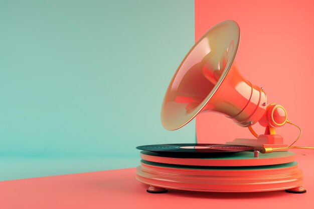 A record player sits on a colorful turntable with a colorful cone on top