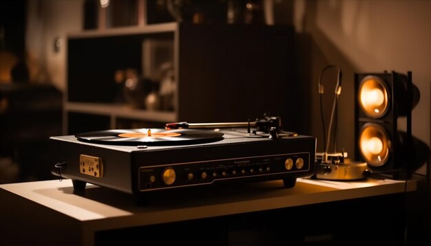 A record player on a table with a lamp and a lamp on the side.