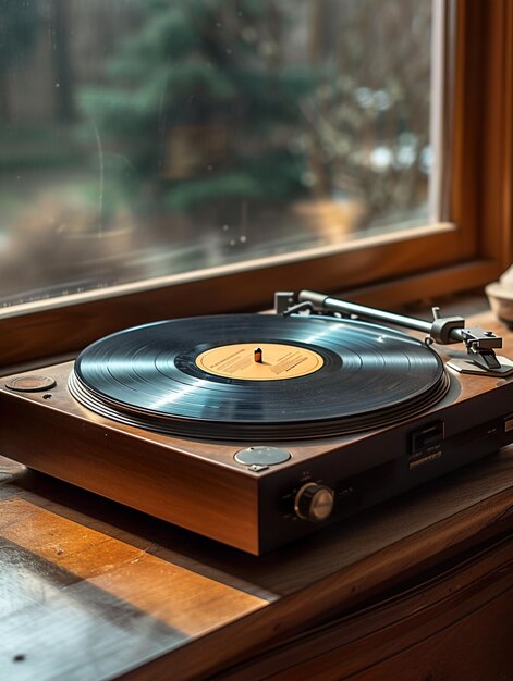 Photo a record player in an urban flat photo realistic vintage retro classic gramophone