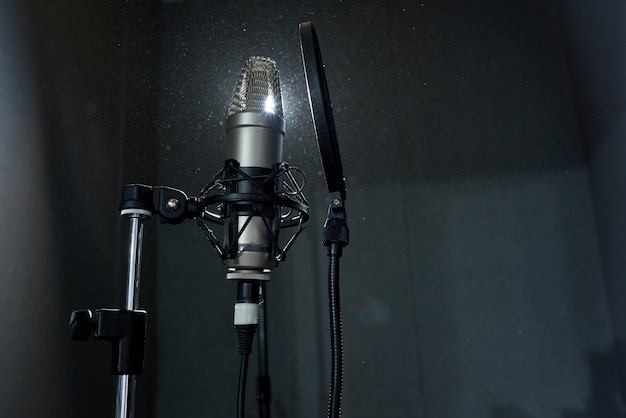 Photo recording microphone in dark studio