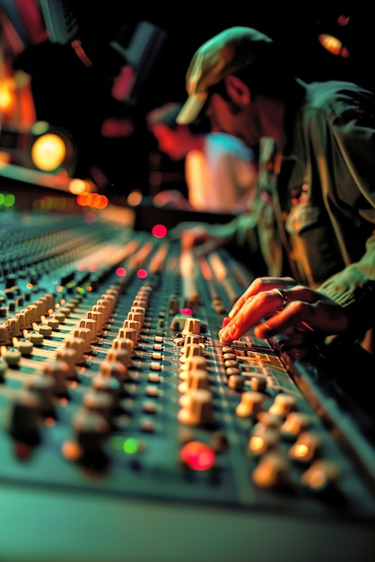 Recording Studio Magic Producers mixing tracks sound waves on monitors They tweak knobs capturing mu