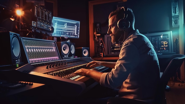 recording studio man at the console in front of a large monitor in headphones