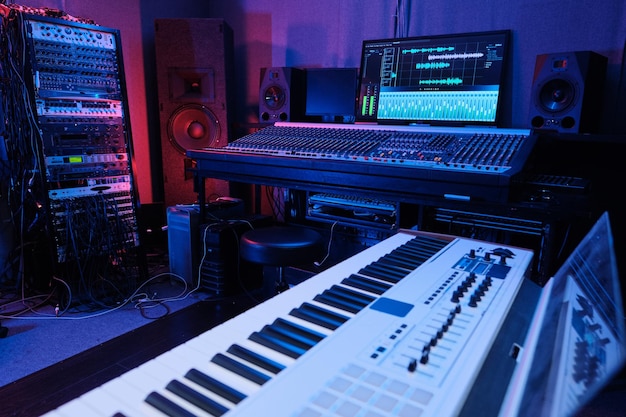 Photo recording studio in neon light