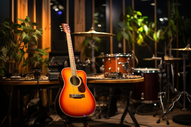 녹음 스튜디오 의 방 은 어쿠스틱 기타 의 음 으로 생동감 을 느다