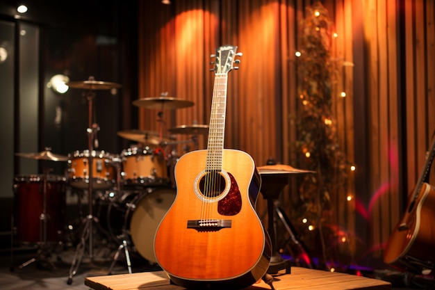 A recording studio room hums with musicality as an acoustic guitar resonates