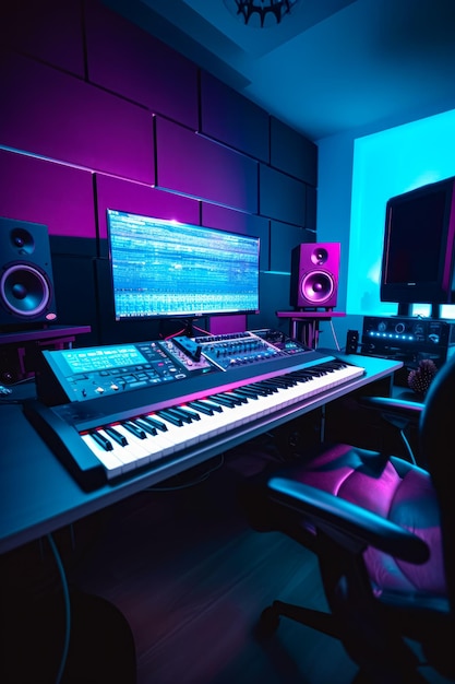 Recording studio with keyboard monitor speakers and other equipment Generative AI