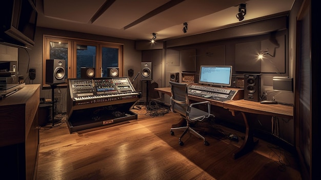 A recording studio with a large number of monitors and a large keyboard.