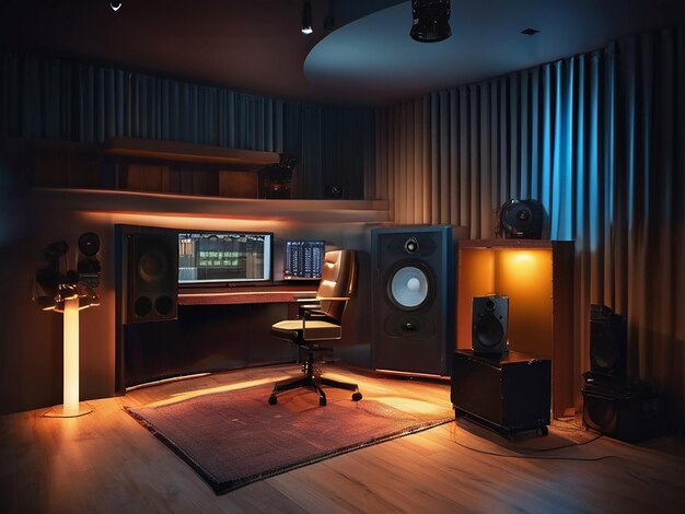 라이트 램프와 거실이 있는 녹음 스튜디오