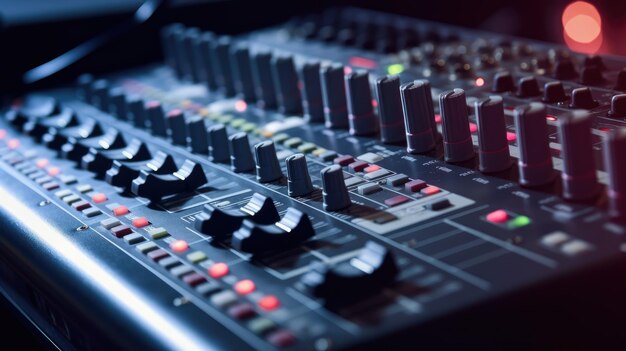 A recording studio with a mixing board and a blue light