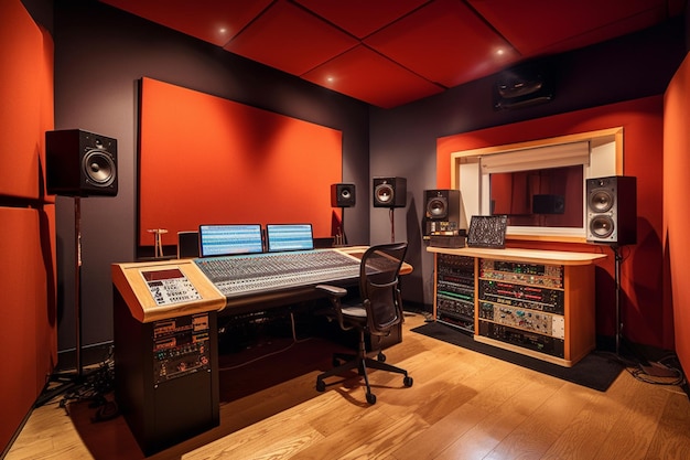 A recording studio with a red wall and a large number of windows.