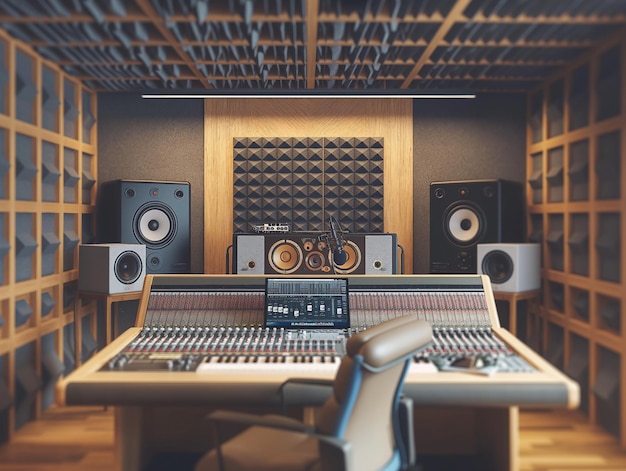 サウンドボードとサウンド機器を備えたレコーディングスタジオ