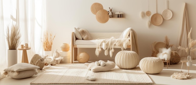 天然木のブロックおもちゃと柔らかい毛布を使用して、穏やかで穏やかな赤ちゃんをテーマにした環境を再現します。