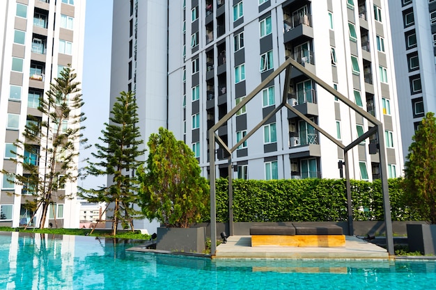 Recreation area with swimming pool in a modern condominium residential complex