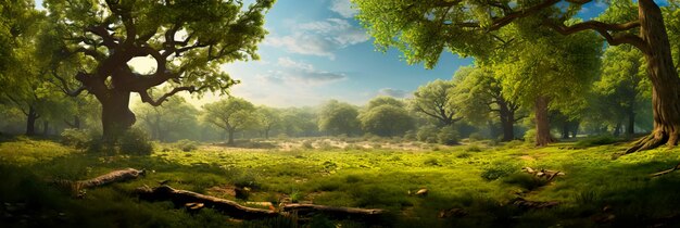 A recreation of a spring forest with new green leaves on the oak trees and larks in the sky