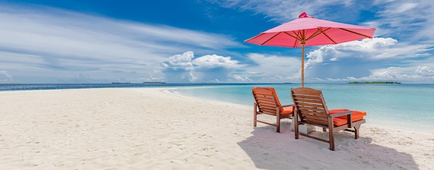 Recreational summer travel tourism. Aerial landscape view with chairs and umbrellas paradise island