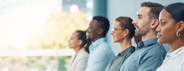 Photo recruitment interview and people in queue for work at finance insurance or investment business group man and woman waiting in lobby of company for hr hiring and manager for onboarding at job