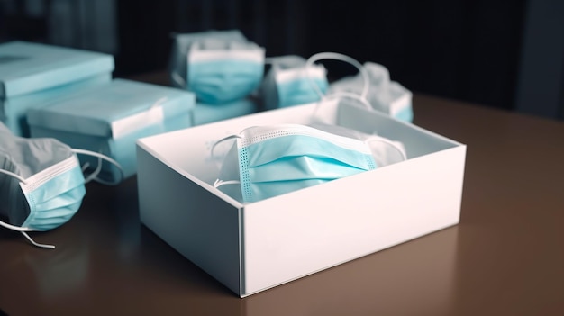 A rectangle box of medical masks made of composite material sits on a table