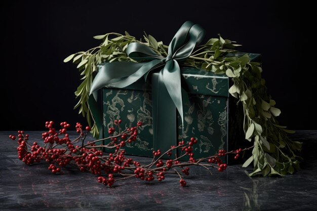 Rectangle gift box adorned with bunch of mistletoe and velvet ribbon