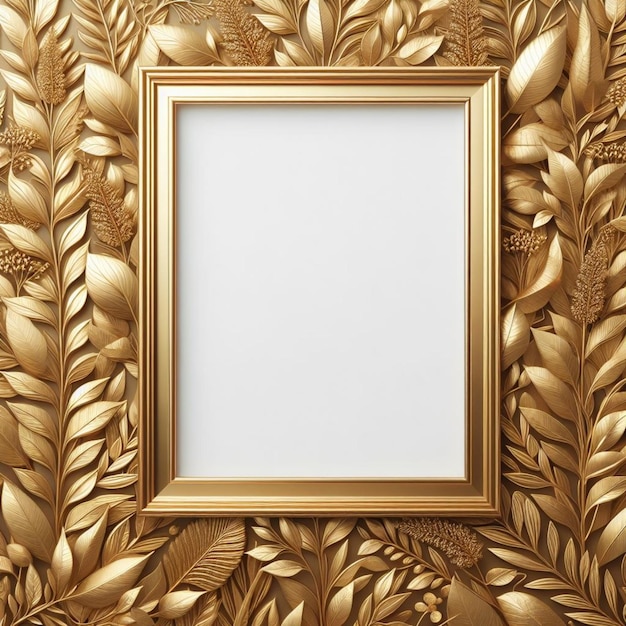 Photo rectangle gold frame with foliage pattern background