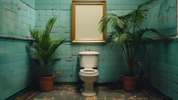 rectangle painting mockup inside bathroom very large frame indoor plants toilet