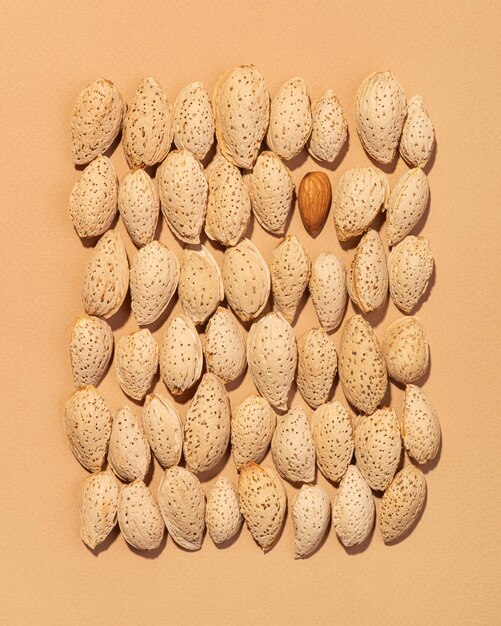 Rectangle of raw unpeeled almonds on a beige background