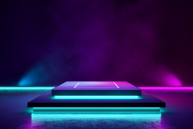 Rectangle stage with smoke and purple neon  light 