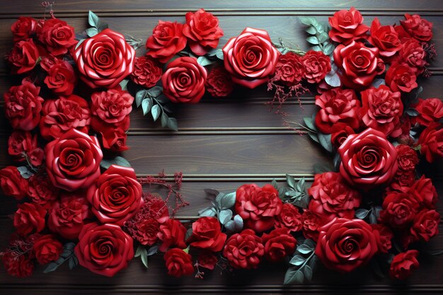 The rectangular frame is adorned with a vibrant display of red roses white background