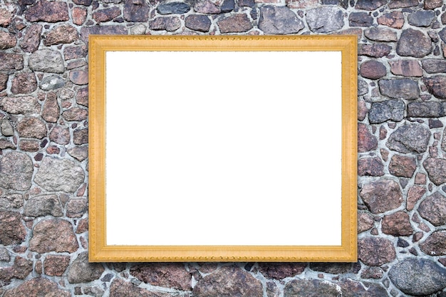 Foto cornice rettangolare isolata su bianco su un muro di pietra naturale