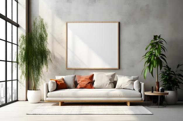 Rectangular frame poster mockup on light concrete wall in living interior with modern boho furniture and big window century gray sofa scandinavian style interior decoration Generated AI