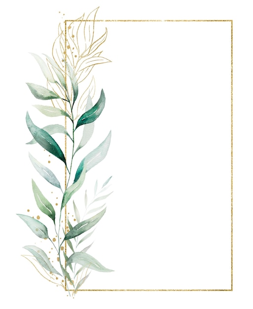 緑の水彩画の葉の結婚式のイラストで作られた長方形のゴールデンフレーム
