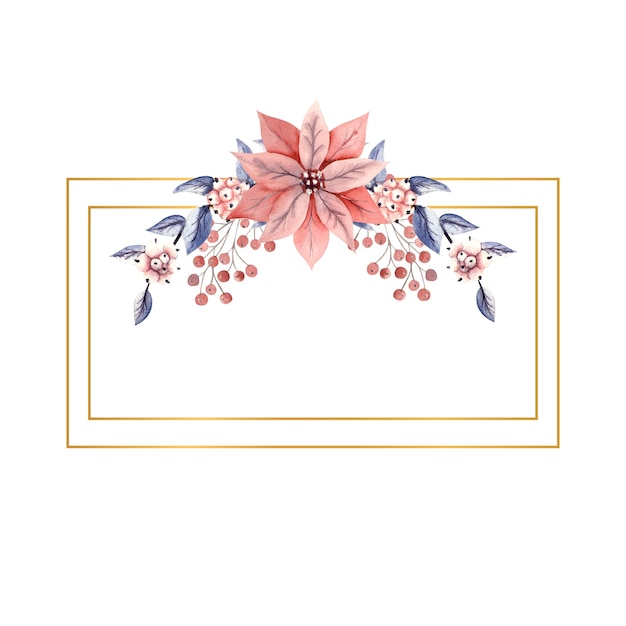 rectangular horizontal frame with watercolor snowberry twigs and poinsettia flowers
