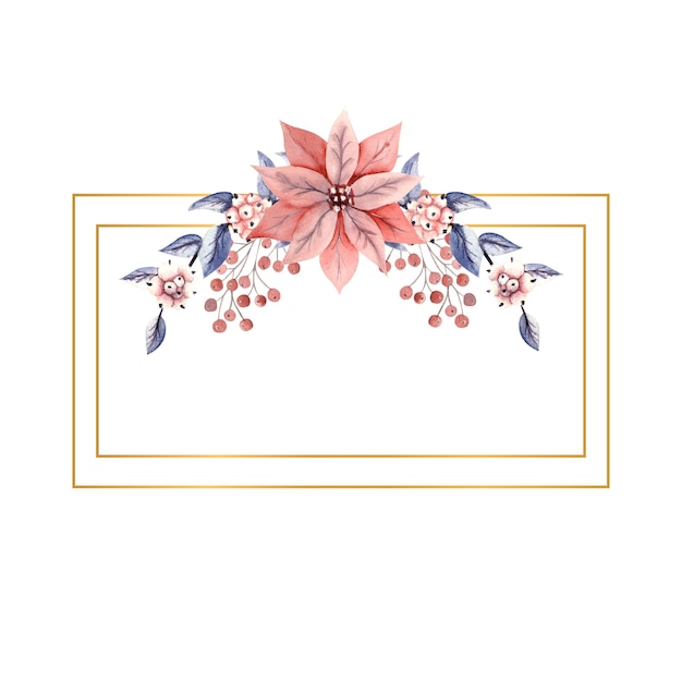 Rectangular horizontal frame with watercolor snowberry twigs and poinsettia flowers