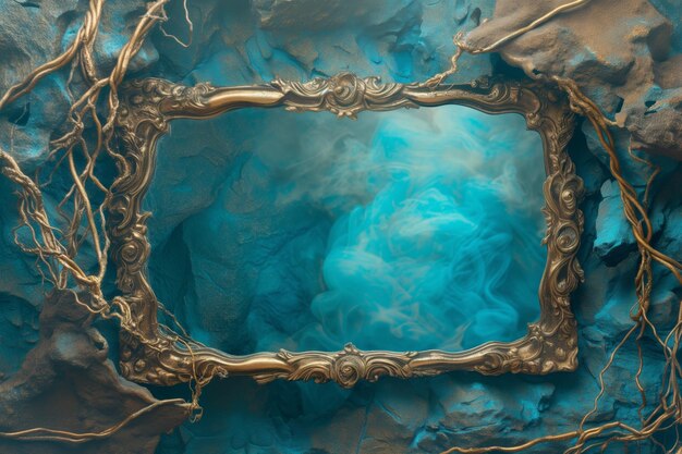 Rectangular mirror embedded in a cave wall blue magical mist