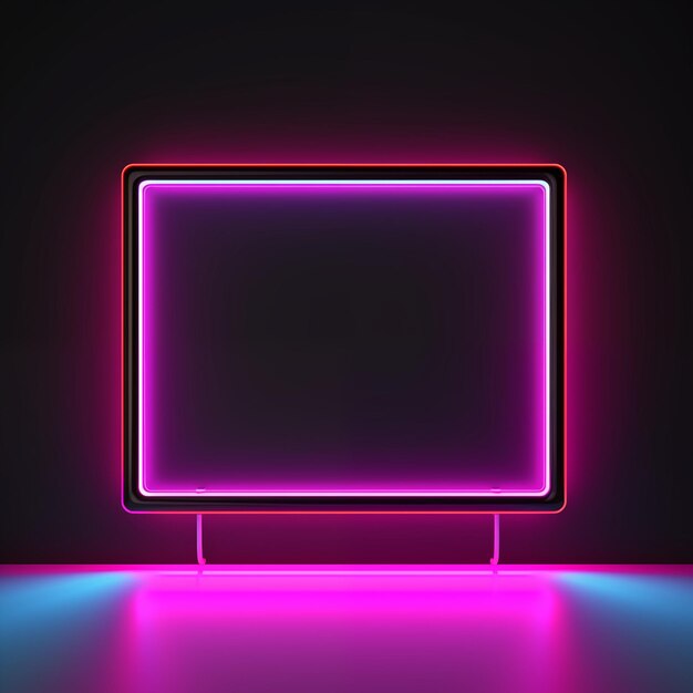 Rectangular neon frame with pink glow on a dark background Blank space for text