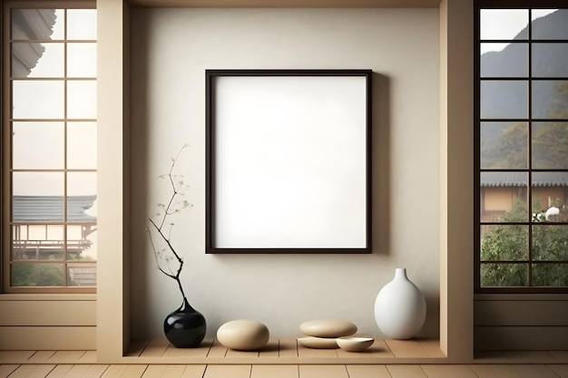 Rectangular vertical frame mockup in Japanese style interior with windows and plants on empty floor