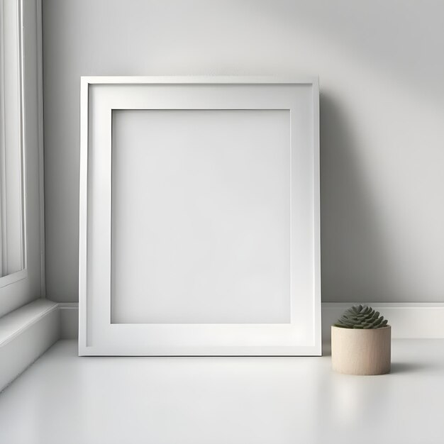 Rectangular vertical frame mockup in scandi style interior with window on empty neutral white wall